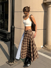 Coolane Women's Spring/Summer Vintage Y2k Striped Plaid Patchwork Fold-Over Waist Casual Knee-Length Skirt